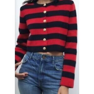 Zara Stripes Cropped Sweater Cardigan Red & Navy Size Medium